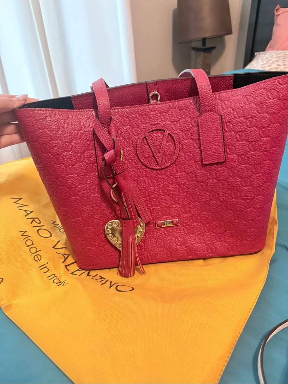 Mario Valentino Red Embossed Leather Tote with Tassel